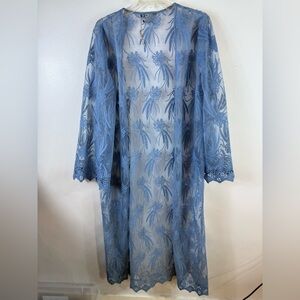Paparrazi‎ NWOT Kimono Duster Slate Blue Floral Sheer Crochet Embroidered XL